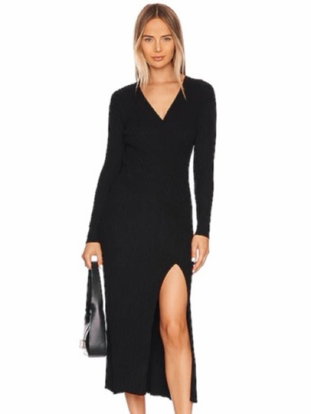 ASTR Black Long Sleeve ribbed knit Wrap-Front Midi Dress women’s size small